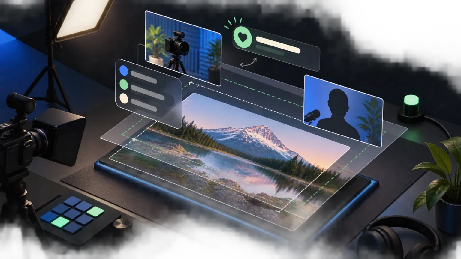 A live production desk with layered browser-source graphics above the broadcast canvas