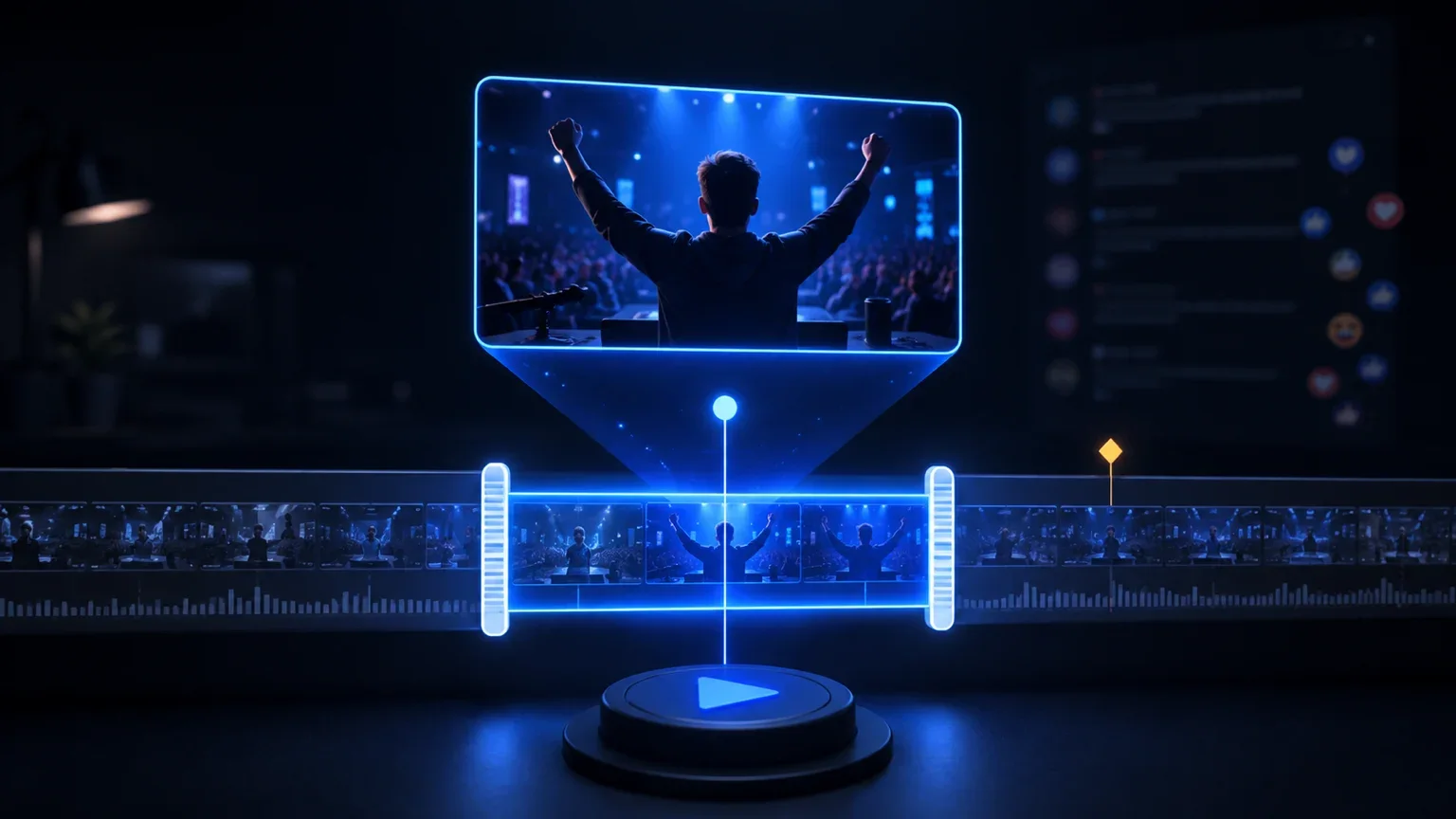 A glowing timeline isolates one audience moment and lifts it into a reusable video frame