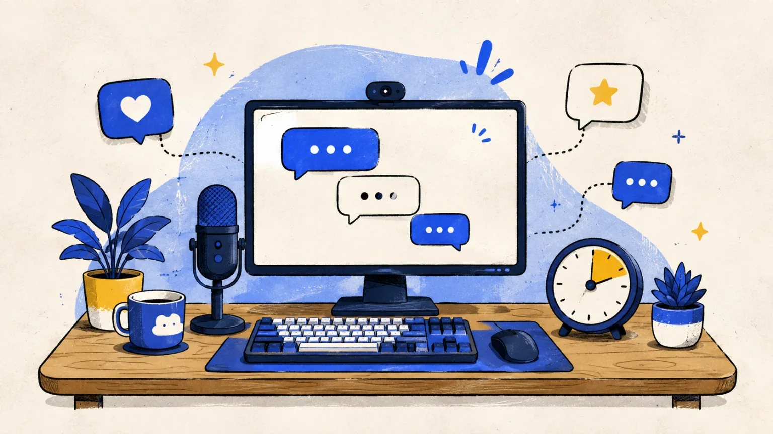 A creator's streaming desk pairs helpful chat bubbles with a clock to suggest well-paced automated replies