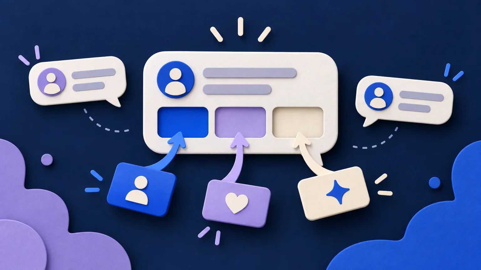 Colored tiles fit into a chat reply, showing how reusable pieces create personalized messages.