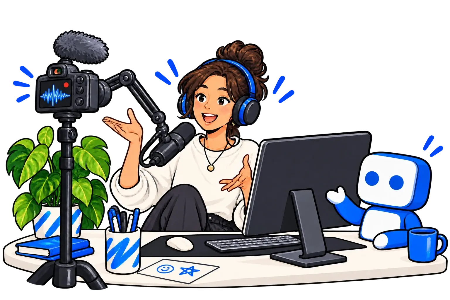 A live-stream creator at her desk with the Looomy bot, featuring its square white face and blue eyes