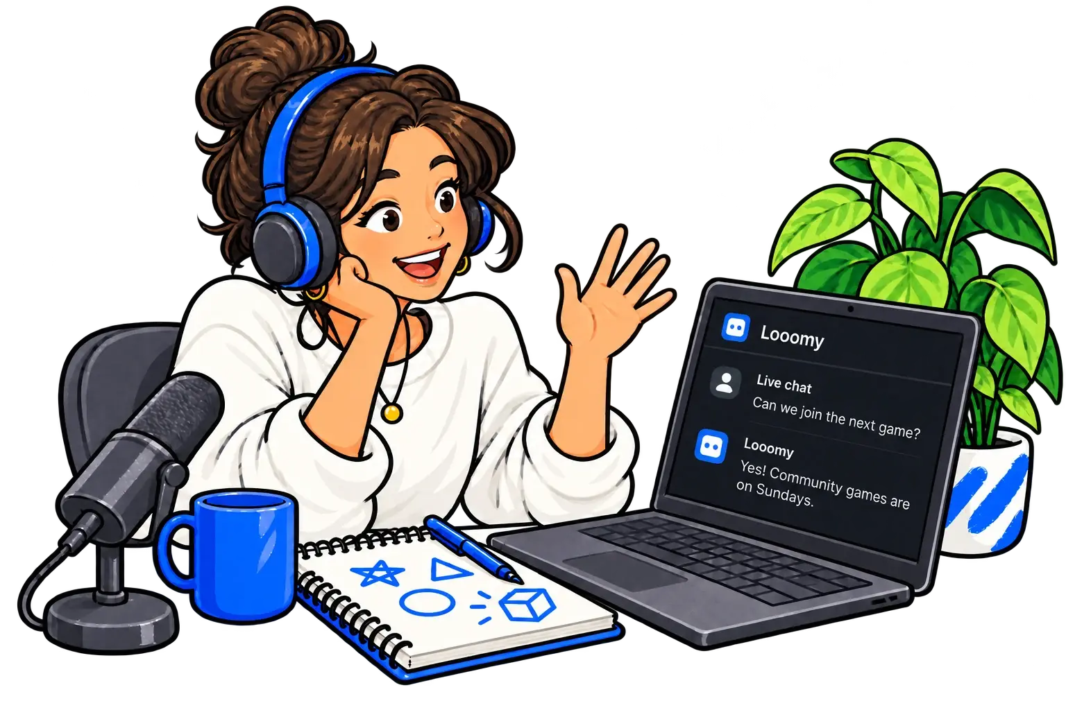 A creator at her desk with Looomy answering a viewer in live chat on her laptop